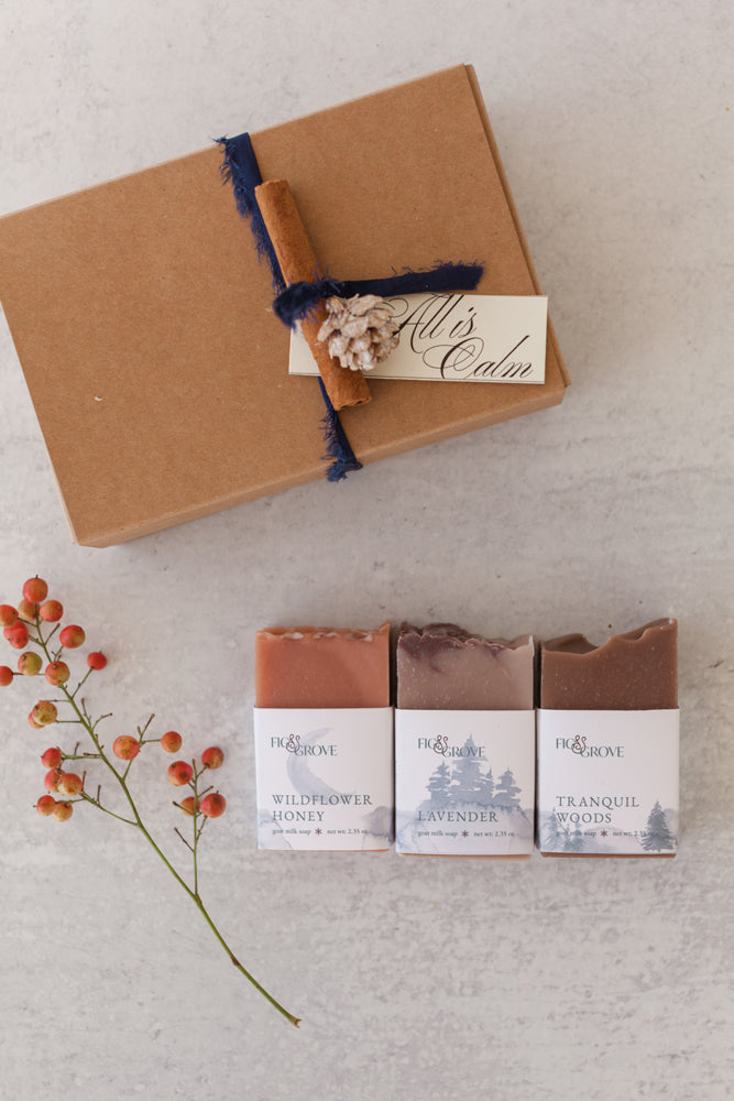 All Is Calm mini soap gift set by Fig & Grove – lavender, honey, and rosewood soaps for relaxation