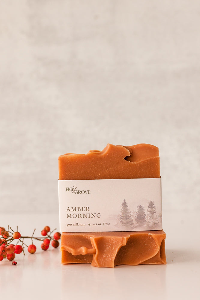 Close-up of Amber Morning soap with citrus and clove notes – Fig & Grove