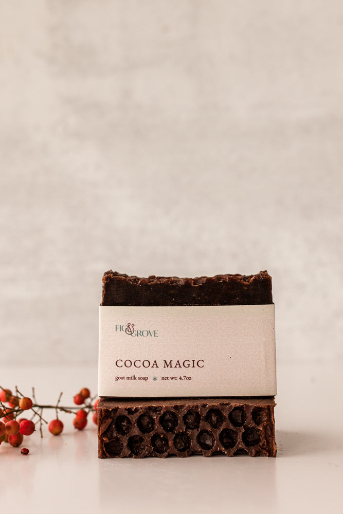 Close-up of Cocoa Magic soap with coffee tones – Fig & Grove