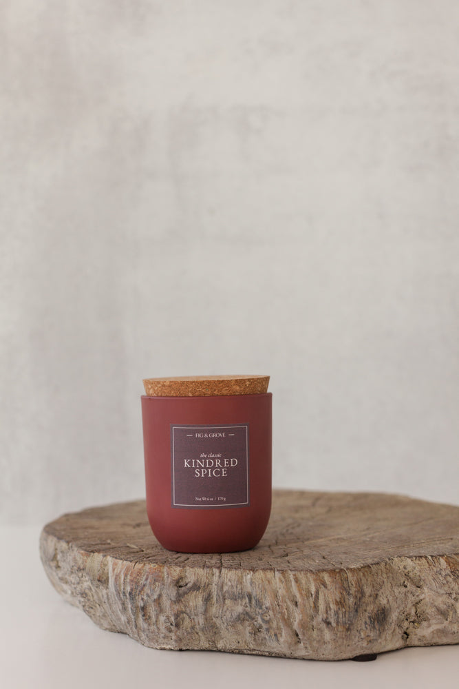 Kindred Spice candle in umber glass jar with cork lid – Fig & Grove