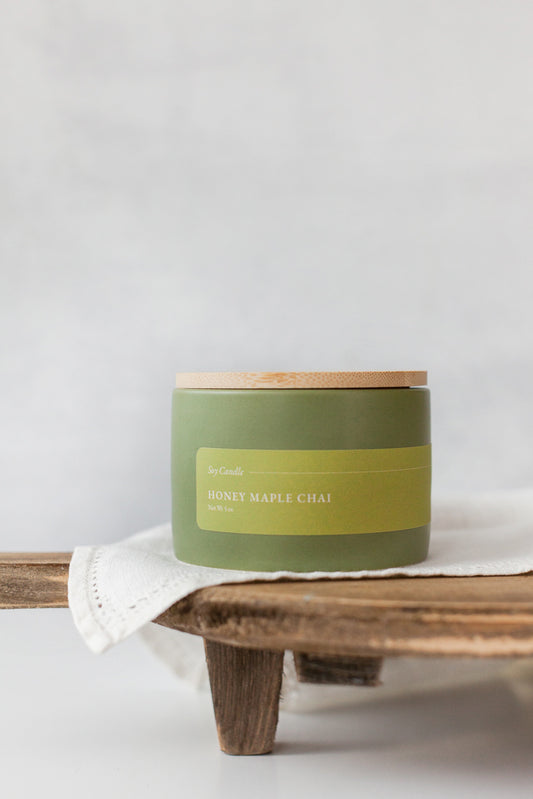 Honey Maple Chai all natural soy wax candle in a sage ceramic container