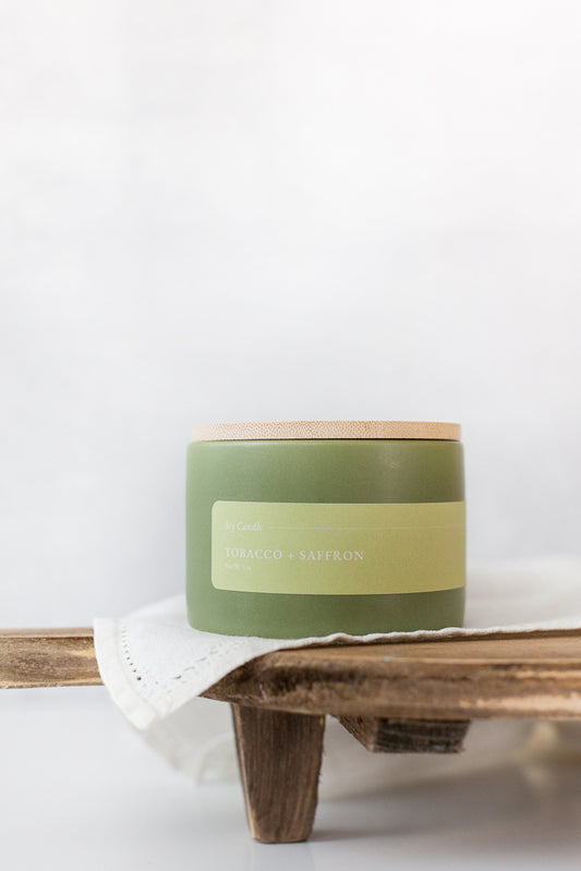 Tobacco Soy Wax candle in sage ceramic container