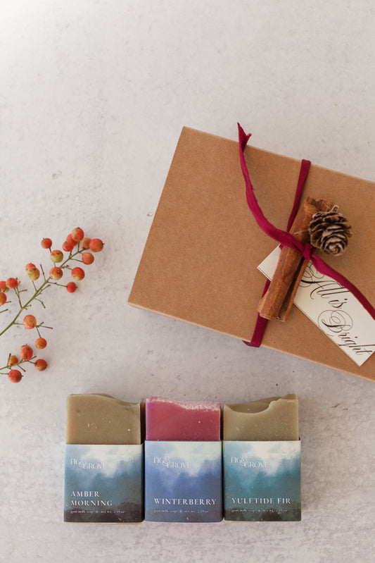 All Is Bright mini soap gift set with three holiday soaps – Fig & Grove