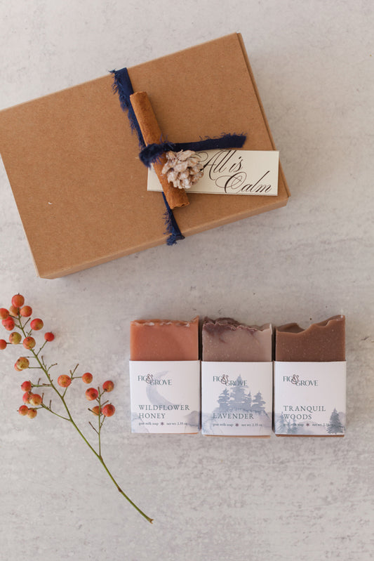 All Is Calm mini soap gift set by Fig & Grove – lavender, honey, and rosewood soaps for relaxation