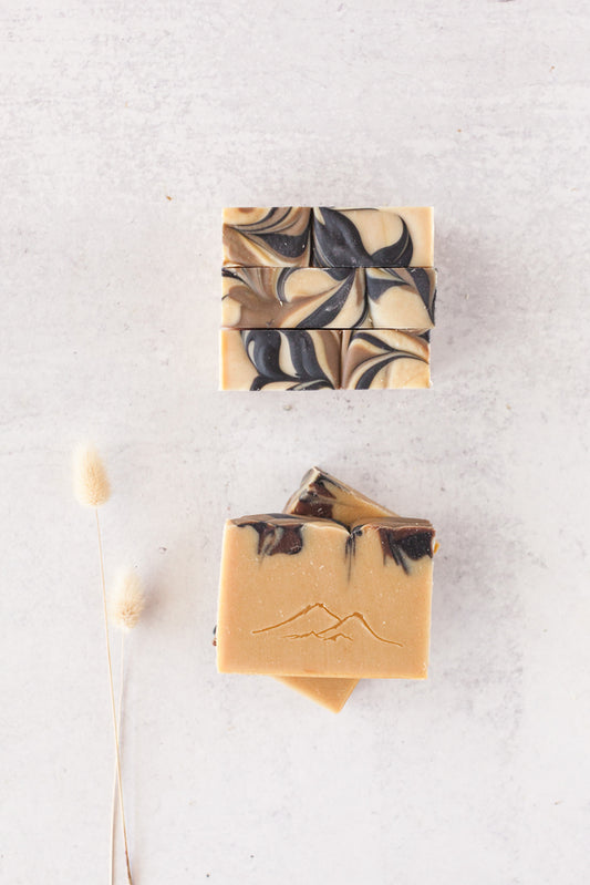 Chaga mushroom powder handmade soap scented with fir needle, cassia & patchouli essential oils