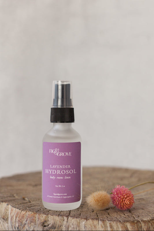 Lavender hydrosol in a 2 oz frosted white glass bottle