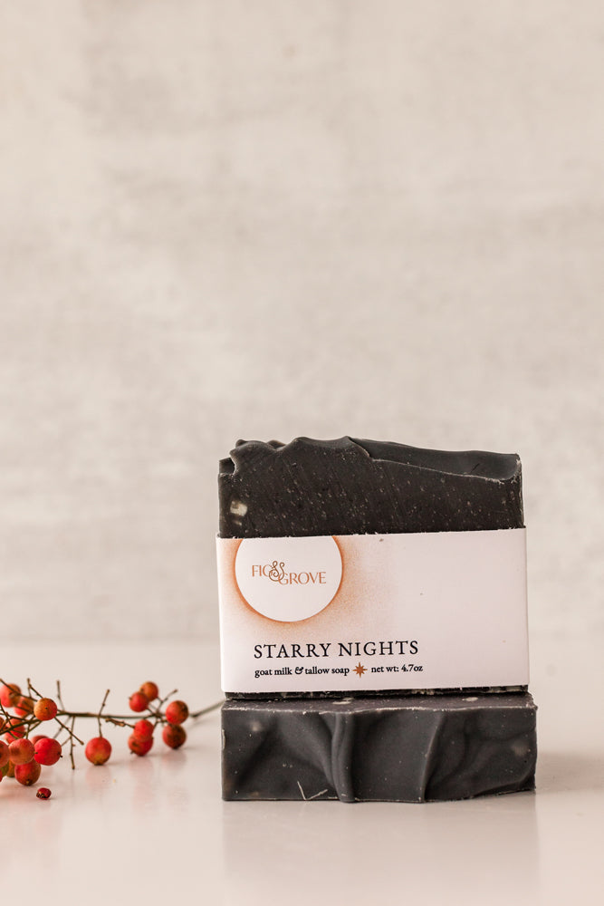 Close up of Starry Nights goat milk and tallow soap bar with charcoal base and white speckles resembling stars – Fig & Grove
