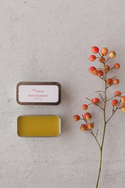 Close up of open winterberry lip salve tin - Fig & Grove cranberry and lime scent