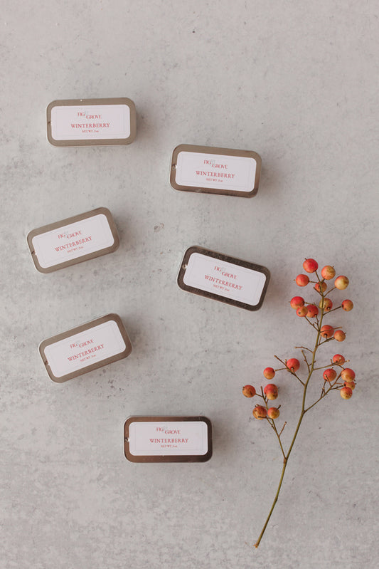 Winterberry lip salve tins on neutral background with festive red berries - Fig & Grove cranberry and lime scent